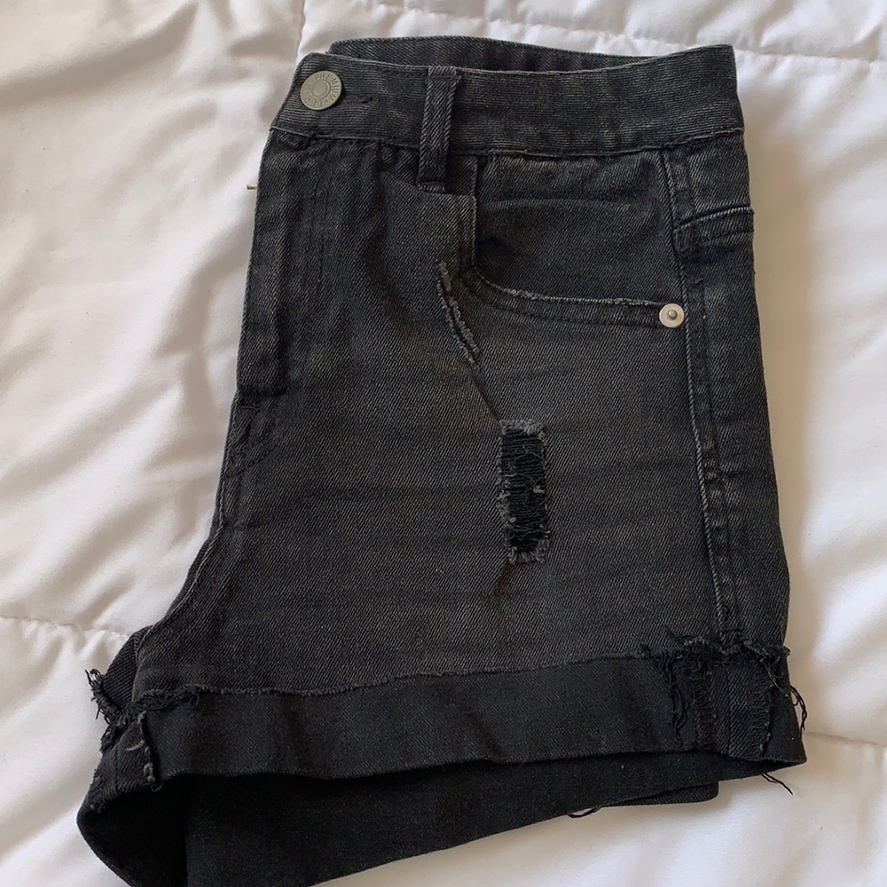 Black distressed denim shorts
